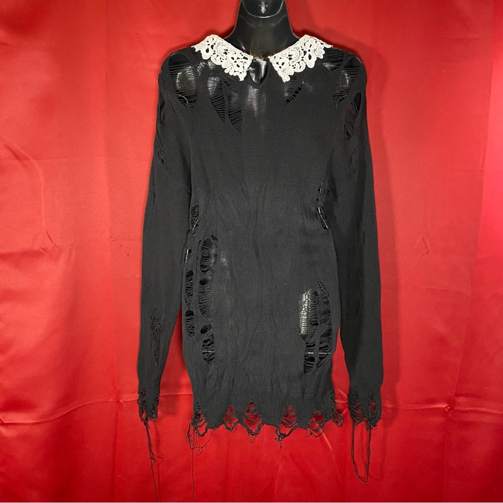 SOLD: Widow Dolls Kill Black Distressed Sweater Lace Collar S - Picture 8 of 10